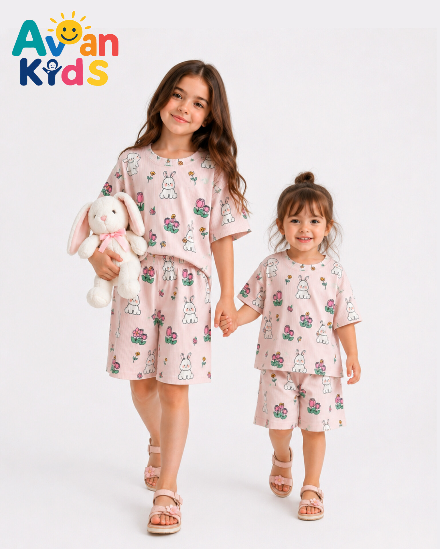 تیشرت و شلوارک دخترانه پنبه یکرو ریلی طرح خرگوش و گل 🐇🌷