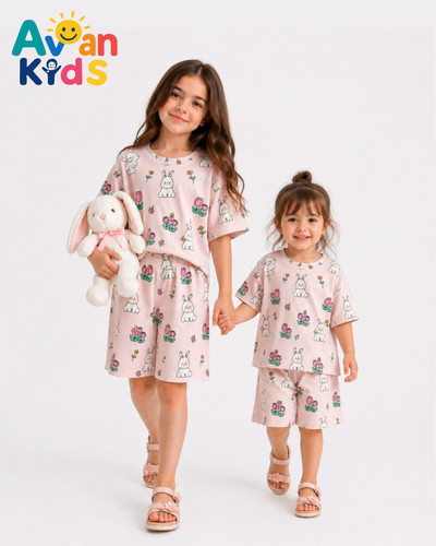 تیشرت و شلوارک دخترانه پنبه یکرو ریلی طرح خرگوش و گل 🐇🌷